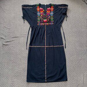 Vintage Guatemala Huipil Dress - Hand Embroidered Navy Cotton